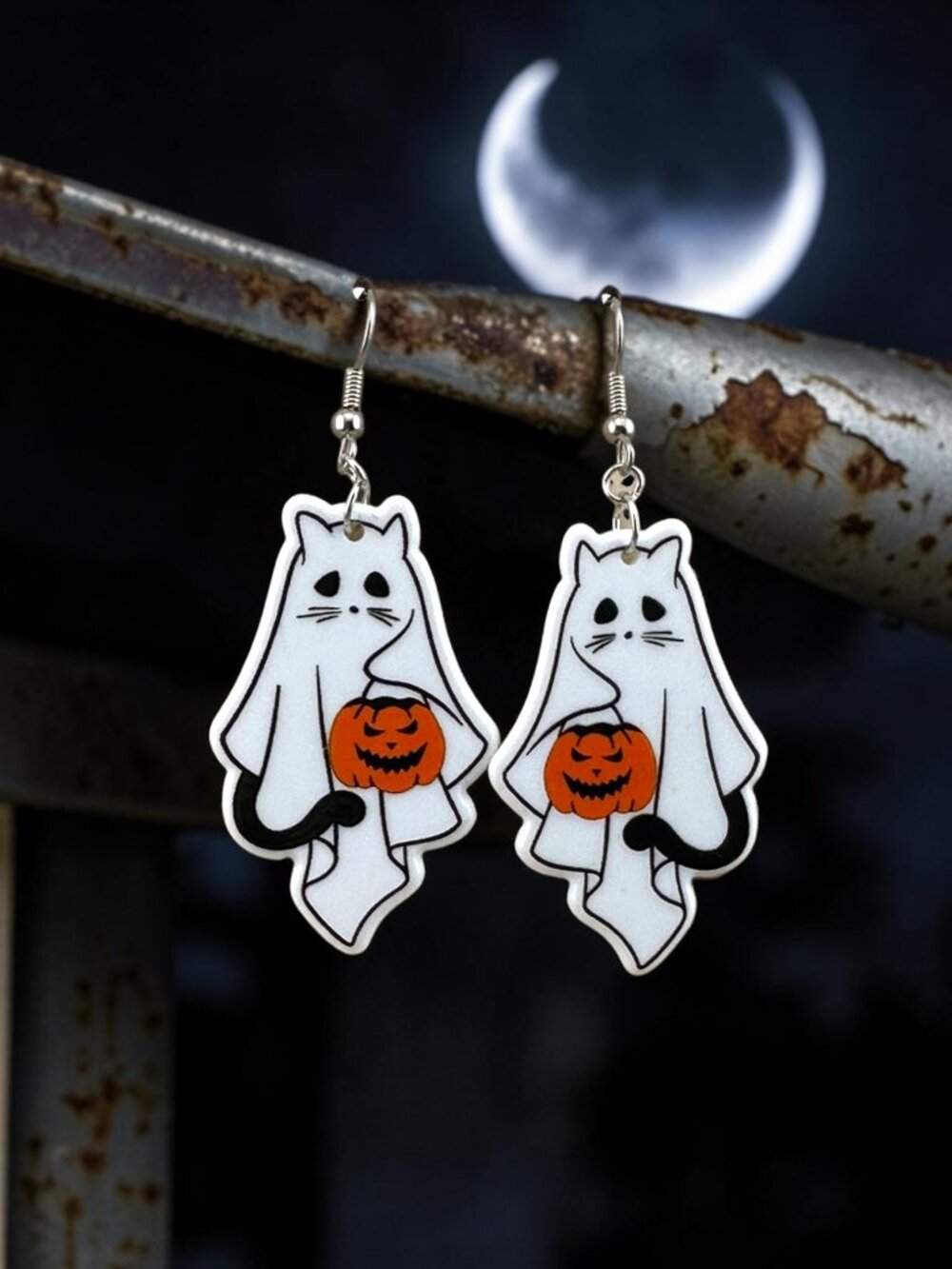 Ghost Cat Halloween Earrings Pumpkin Double Sided Stainless Steel Dangle 2.75"